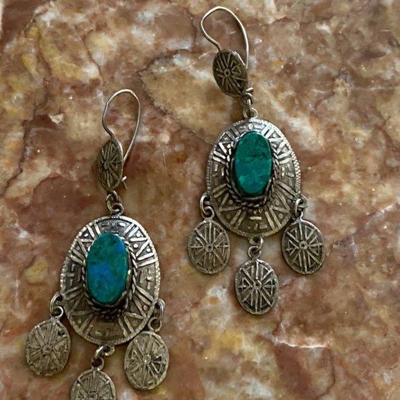 Native American Azurite Malachite 925 Earrings VTG - Picture 6 of 10